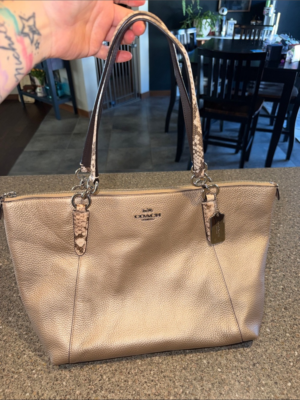 Coach Metallic Rose Gold Ava Chain Tote with Snake-Print Straps